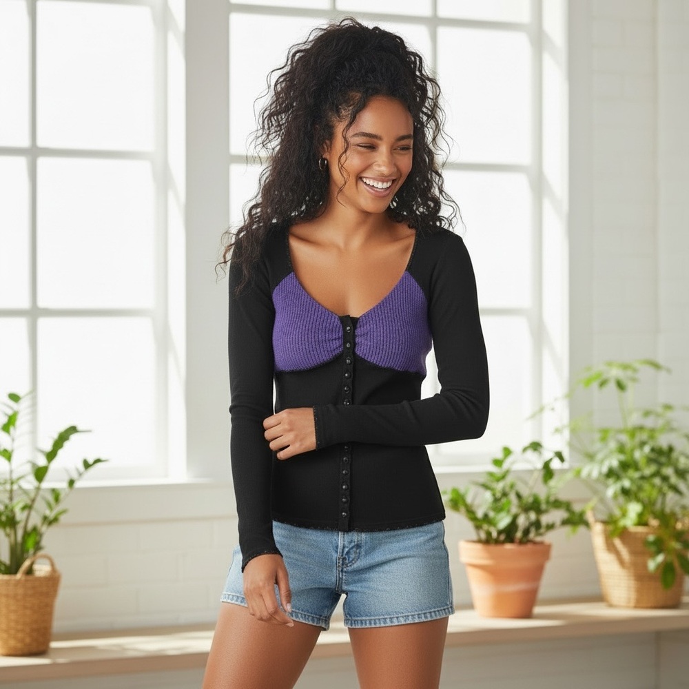 Nicolai Women's Color-block Black and Purple Button Front Top